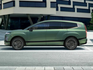 Das Bild zeigt den IONIQ 9 von der Seite. Die Karosserie-Farbe ist ein metallisches Grün.