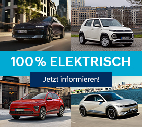 Das Bild zeigt die vier vollelektrischen Hyundai-Modelle, die wie folgt im Uhrzeigersinn sind: Ioniq 6, Inster, Kona Elektro und Ioniq 5.